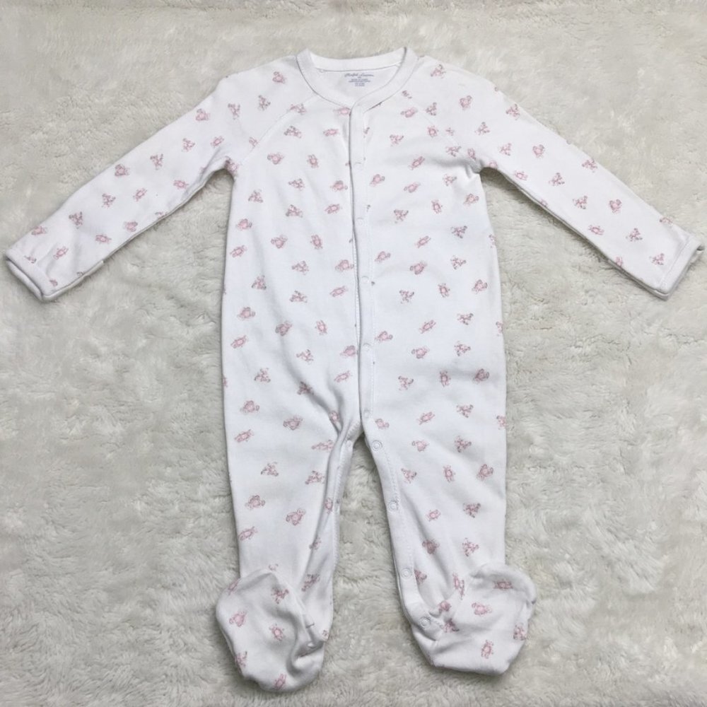 Ralph Lauren Baby Girl Pink White Bears One Piece Pijama footies Size 9 Months